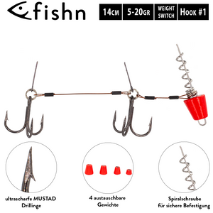 FISHN Screw In Hecht Systeme - Shallow Rig mit oder ohne auswechselbaren Gewichten 5-20gr für Softlures bis 25cm mit Ultra Scharfen Mustad Haken (Switch Rot)