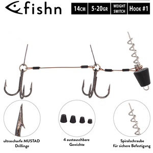 FISHN Screw In Hecht Systeme - Shallow Rig mit oder ohne auswechselbaren Gewichten 5-20gr für Softlures bis 25cm mit Ultra Scharfen Mustad Haken (Switch Schwarz)